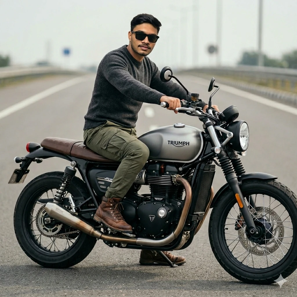 cinematic 8K image of a man sitting confidently on a modern motorcycle