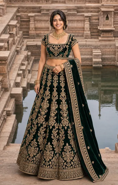 Forest Green Velvet Lehenga Potrait
