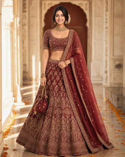 Burgundy Velvet Lehenga Editorial Portrait