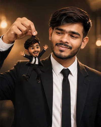 Playful portrait with miniature self